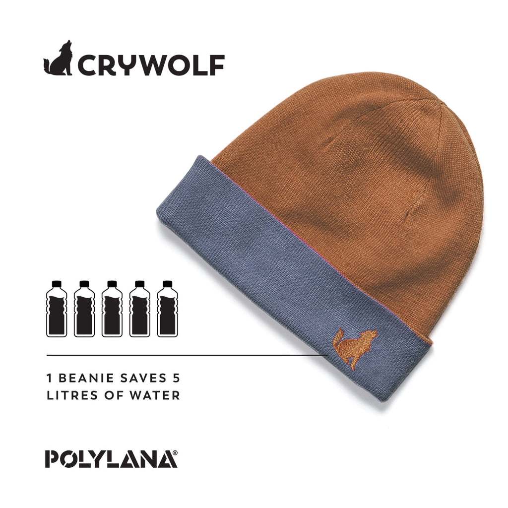 Crywolf Reversible Beanie Indigo/Rust Made Using Polylana Spec Sheet