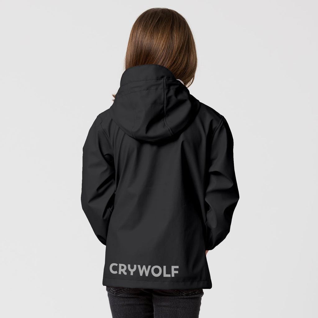 A Girl Wearing A Crywolf Classic Waterproof Play Jacket Back View